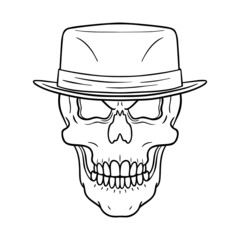 evil skull with hat. comic illustration, monochrome, isolated.