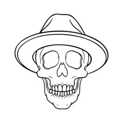 monochrome comic illustration of a skull with hipster hat. isolated, outline.