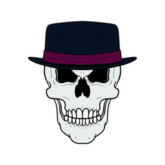evil skull with black hat and red ribbon. gray, isolated, cartoon, white background.