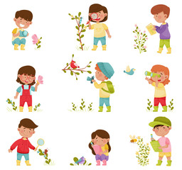 Little Kids Holding Magnifying Glass and Camera Exploring Nature Vector Illustrations Set