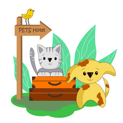 Hotel for pets. Animals with suitcases. Vector illustration on a white background. Cartoon style. White background.