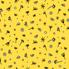 Funny and cute seamless pattern. Plant elements on a bright yellow background. Suitable for wrapping paper, textiles, banners. Hand drawing, vector illustration.