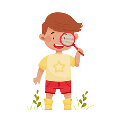 Boy Holding Magnifying Glass Exploring Environment Vector Illustration