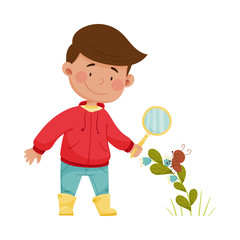 Boy Holding Magnifying Glass Exploring Environment Vector Illustration