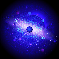 Vector illustration of Sacred geometric symbol against the space background with planets and stars. Mystic sign drawn in lines. Image in blue color.