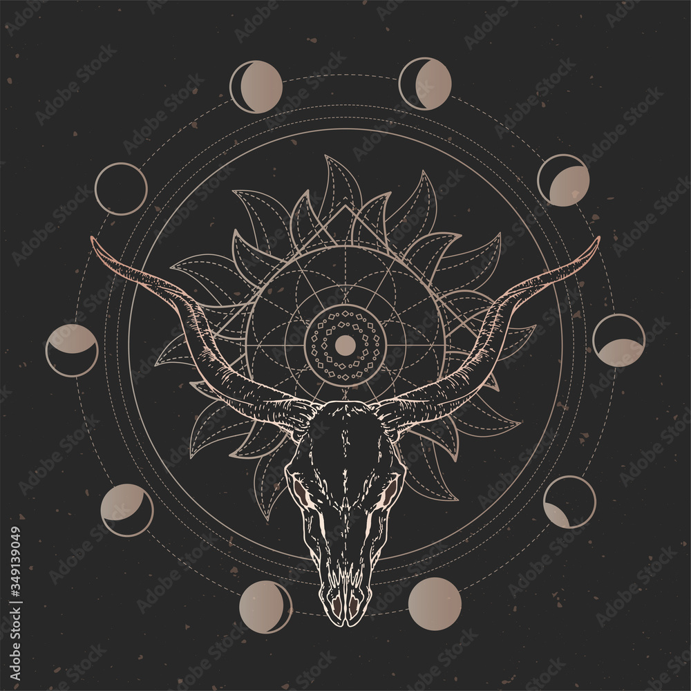 Wall mural vector illustration with hand drawn antelope skull and sacred geometric symbol on black vintage back