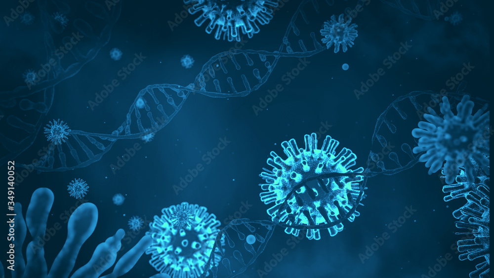 Wall mural virus close-up on a background of a dna helix, rna and virus, 3d rendering