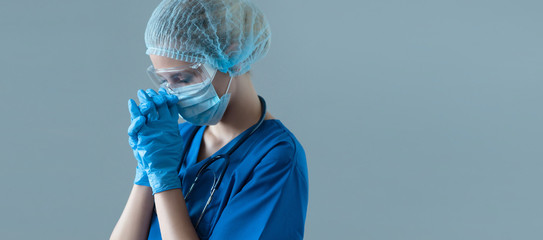 Professional medical worker in protection suit. Nurse, surgeon, doctor or paramedic in blue uniform. Emergency medicine and ambulance.