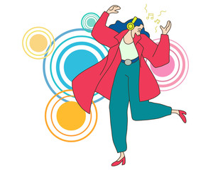 Trendy young woman happy dancing outdoors and listening to music with her headphones on abstract background. Flat design vector illustration.
