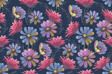 Feminine floral vector seamless pattern. Pink and blue garden flowers, blue rosemary isolated on navy blue background.