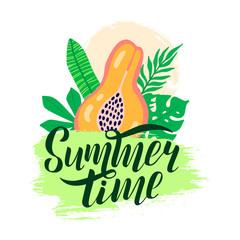 Hello summer vector poster with lettering. Vector illustration papaya fruit with palm leaves on grunge brush stroke.