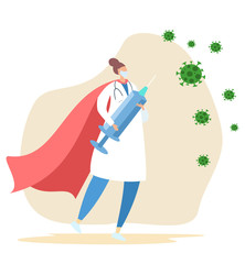 Masked doctor are fighting coronavirus infection. A nurse holds a syringe, a doctor holds a shield. Doctor are heroes. Flat vector illustration.