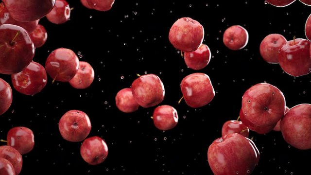Red apple fruit drop down falling from top. 3D animation. Selective focus. 4K