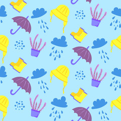 Seamless pattern in cartoon doodle style with umbrellas, rainy hat, flowers, clouds, rain boots