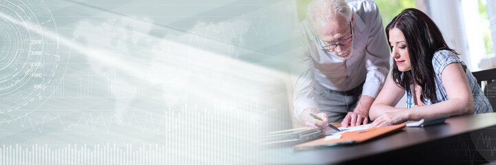 Young businesswoman and senior businessman working together, light effect; panoramic banner