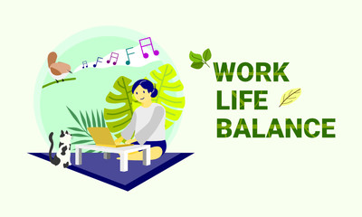 Illustration vector of concept of work life balance with person who is studying and working with lovely cat, singing bird and natural background.The text of work life balance cover with texture