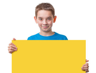 Boy holding yellow empty a sign, isolated on white background