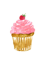 Watercolor illustration of cupcake with pink cream and tasty raspberry. Hand-drawn illustration isolated on white background. Appetizing pastry.