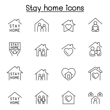 Stay Home Icon Set In Thin Line Style