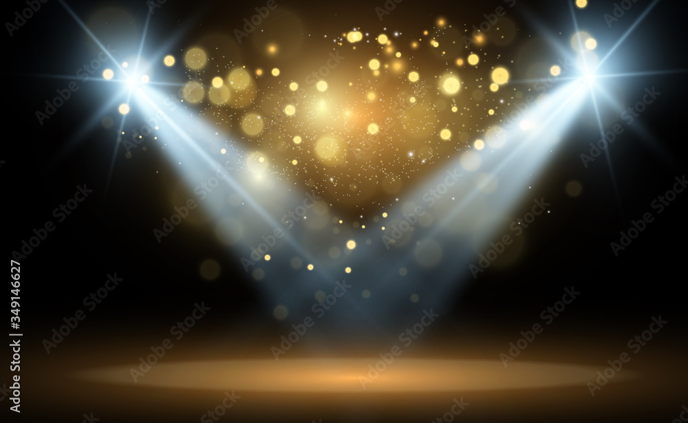 Poster White stage with spotlights. Vector illustration of a light with sparkles on a transparent background.