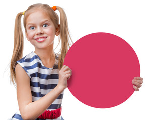 Girl holding empty pink round a sign, isolated on white background