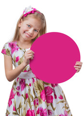 Girl holding empty pink round a sign, isolated on white background