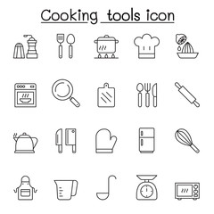 Cooking tools icon set in thin line style