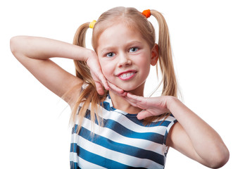 Cheerful little girl raised her palms up, isolated on white background