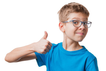 Blond hair boy in glasses showing thumbs up gesture, isolated on white background