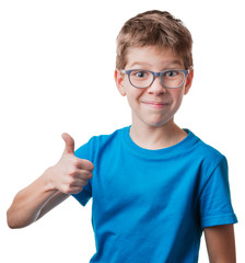 Blond hair boy in glasses showing thumbs up gesture, isolated on white background