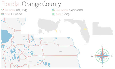 Large and detailed map of Orange county in Florida, USA.