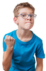 Blond hair serious boy in glasses showing his fist, isolated on white background