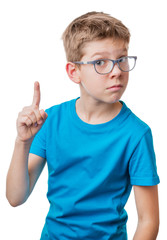 Boy in glasses showing thumbs up gesture, isolated on white background