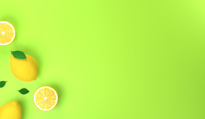 Vitamin C concept  lemon fruit citrus.  Fresh lemons and green leaves on bright green...