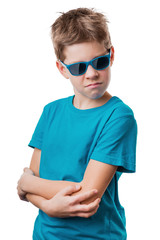 Blond hair boy in sunglasses offended, isolated on white background