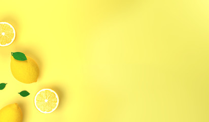 Vitamin C concept  lemon fruit citrus.  Fresh lemons and green leaves on bright yellow backgroundflat lay top view space. Citrus fruits contains ascorbic acid. 