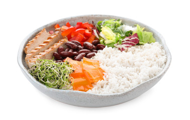 Tasty rice with beans, vegetables and meat isolated on white