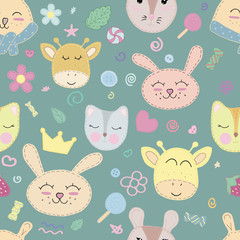 cute animal faces on different background, vector seamless pattern, kawaii