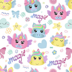 Obraz premium vector seamless pattern, cute faces of magical unicorns for a girl in gentle colors, kawaii