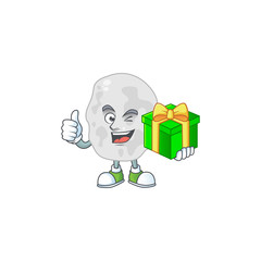 Happy smiley planctomycetes cartoon mascot design with a gift box