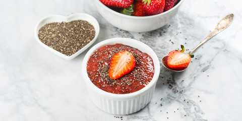 Strawberry chia jam made with chia seeds. Quick low sugar jam with berries