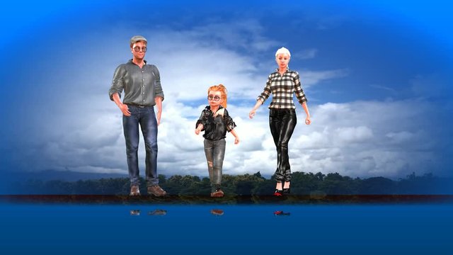 4k 3d animation with a family of three, mother, father and daughter, walking and running together and asking the question what should I do to stay healthy.