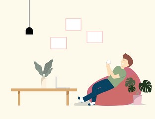 Teenagers play cell phones, In living room, Work form home
