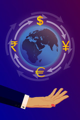 Currency exchange. Symbols of money, currencies of different countries of the world are located on arrows around the Earth