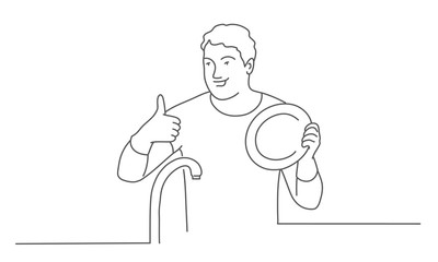 Man washes dishes. Guy doing thumbs up. Line drawing vector illustration.