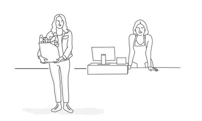 Customer holding paper bag with organic fresh food. Woman cashier in supermarket. Line drawing vector illustration.