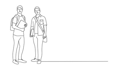 Two guys with books and backpack. Students. Contour drawing vector illustration.