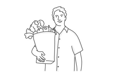 Happy man holding paper bag with organic fresh food. Line drawing vector illustration.