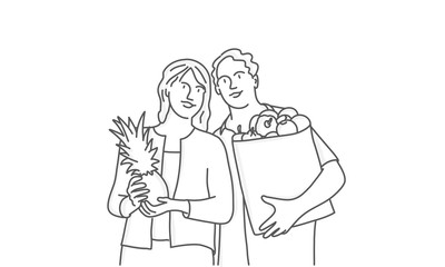 Happy couple holding paper bag with organic fresh food. Line drawing vector illustration.