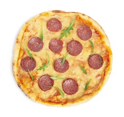 Tasty pepperoni pizza with arugula isolated on white, top view
